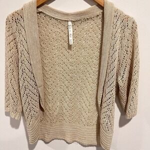 Crochet Knit Cardigan Medium Cropped Festival Tan Cottage Boho Minimalist